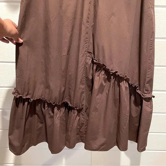 En Saison Maxi Balloon Sleeve Asymmetrical Boho Keyhole Poplin Dress in Brown L - Picture 10 of 13